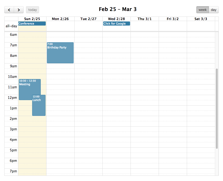 Screenshot: timeGridWeek and timeGridDay views